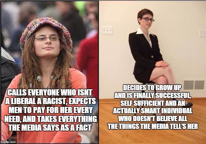 CALLS EVERYONE WHO ISNT A LIBERAL A RACIST, EXPECTS MEN TO PAY FOR HER EVERY NEED, AND TAKES EVERYTHING THE MEDIA SAYS AS A FACT DECIDES TO  | image tagged in college liberal grows up | made w/ Imgflip meme maker