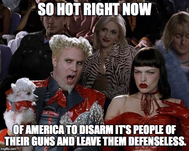 Mugatu So Hot Right Now | SO HOT RIGHT NOW OF AMERICA TO DISARM IT'S PEOPLE OF THEIR GUNS AND LEAVE THEM DEFENSELESS. | image tagged in memes,mugatu so hot right now | made w/ Imgflip meme maker