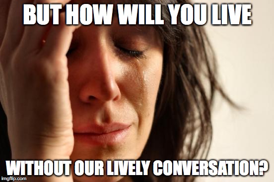 First World Problems | BUT HOW WILL YOU LIVE WITHOUT OUR LIVELY CONVERSATION? | image tagged in memes,first world problems | made w/ Imgflip meme maker