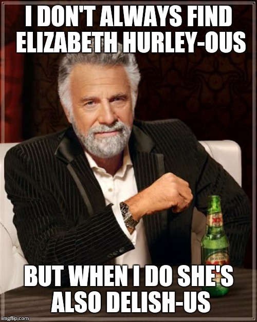 The Most Interesting Man In The World Meme | I DON'T ALWAYS FIND ELIZABETH HURLEY-OUS BUT WHEN I DO SHE'S ALSO DELISH-US | image tagged in memes,the most interesting man in the world | made w/ Imgflip meme maker