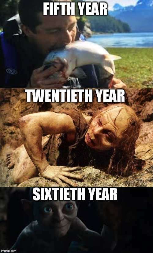 the true transformation of smeagol | FIFTH YEAR SIXTIETH YEAR TWENTIETH YEAR | image tagged in bear grylls,the lord of the rings,smeagol | made w/ Imgflip meme maker