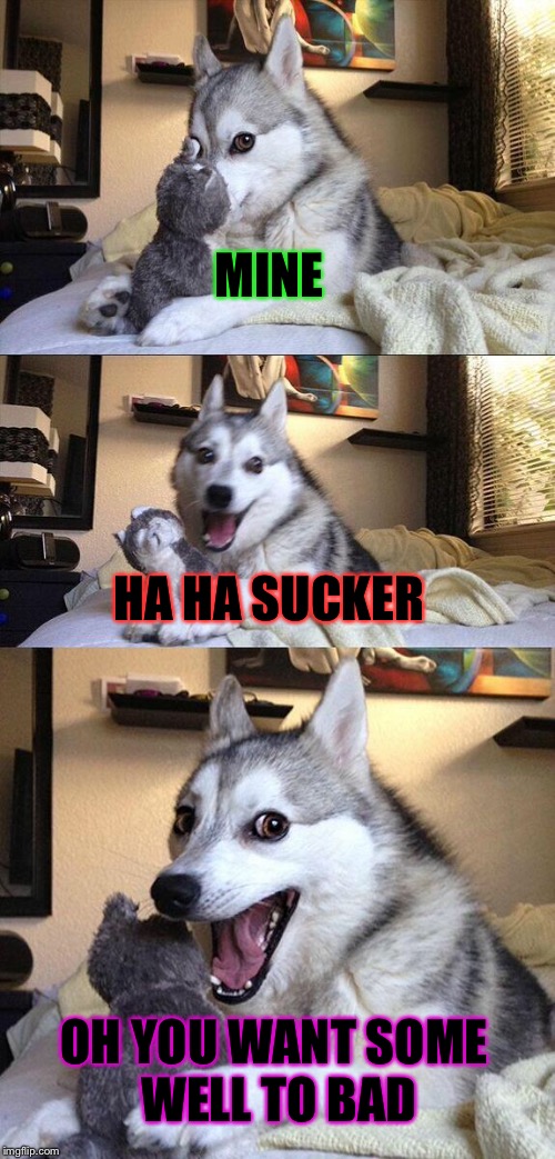 Bad Pun Dog | MINE HA HA SUCKER OH YOU WANT SOME WELL TO BAD | image tagged in memes,bad pun dog | made w/ Imgflip meme maker