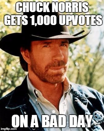 Chuck Norris | CHUCK NORRIS GETS 1,000 UPVOTES ON A BAD DAY | image tagged in chuck norris,memes | made w/ Imgflip meme maker