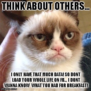 THINK ABOUT OTHERS... I ONLY HAVE THAT MUCH DATA! SO DONT LOAD YOUR WHOLE LIFE ON FB... I DONT WANNA KNOW  WHAT YOU HAD FOR BREAKFAST! | image tagged in frustrated | made w/ Imgflip meme maker