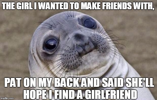 Awkward Moment Sealion Meme | THE GIRL I WANTED TO MAKE FRIENDS WITH, PAT ON MY BACK AND SAID SHE'LL HOPE I FIND A GIRLFRIEND | image tagged in memes,awkward moment sealion | made w/ Imgflip meme maker