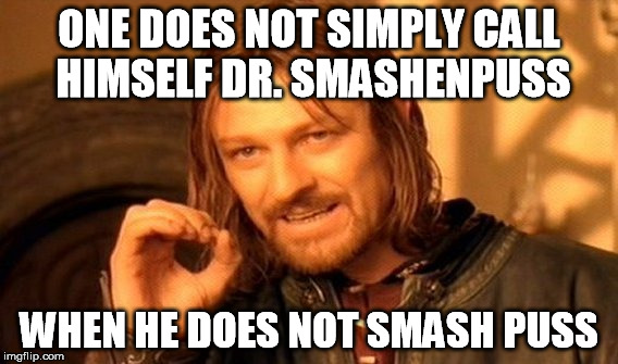 One Does Not Simply Meme | ONE DOES NOT SIMPLY CALL HIMSELF DR. SMASHENPUSS WHEN HE DOES NOT SMASH PUSS | image tagged in memes,one does not simply | made w/ Imgflip meme maker