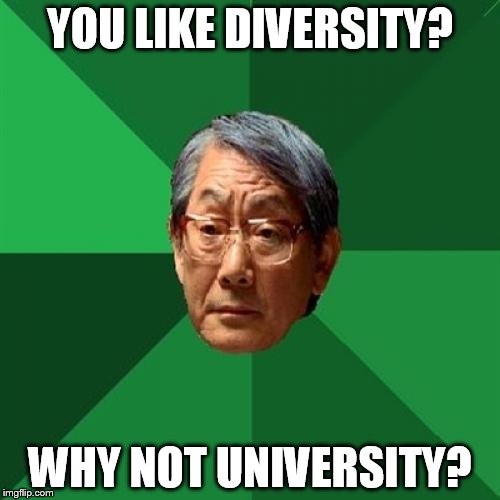 High Expectations Asian Father Meme | YOU LIKE DIVERSITY? WHY NOT UNIVERSITY? | image tagged in memes,high expectations asian father | made w/ Imgflip meme maker