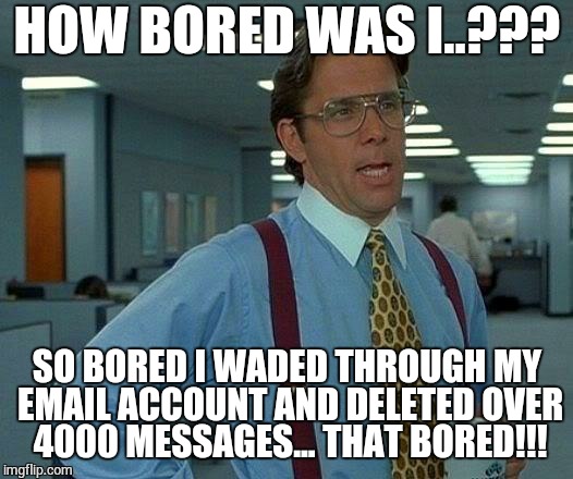 I WAS SO BORED..  | HOW BORED WAS I..??? SO BORED I WADED THROUGH MY EMAIL ACCOUNT AND DELETED OVER 4000 MESSAGES... THAT BORED!!! | image tagged in memes,that would be great,bored,boredom,email,spam | made w/ Imgflip meme maker
