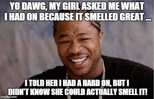My girl asked me . . . | YO DAWG, MY GIRL ASKED ME WHAT I HAD ON BECAUSE IT SMELLED GREAT ... I TOLD HER I HAD A HARD ON, BUT I DIDN'T KNOW SHE COULD ACTUALLY SMELL  | image tagged in memes,yo dawg heard you,hard on | made w/ Imgflip meme maker