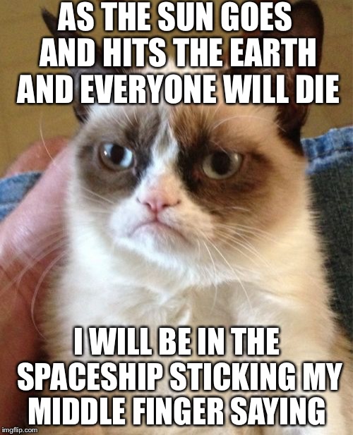 Grumpy Cat Meme | AS THE SUN GOES AND HITS THE EARTH AND EVERYONE WILL DIE I WILL BE IN THE SPACESHIP STICKING MY MIDDLE FINGER SAYING | image tagged in memes,grumpy cat | made w/ Imgflip meme maker
