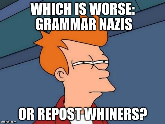 Futurama Fry Meme | WHICH IS WORSE: GRAMMAR NAZIS OR REPOST WHINERS? | image tagged in memes,futurama fry | made w/ Imgflip meme maker