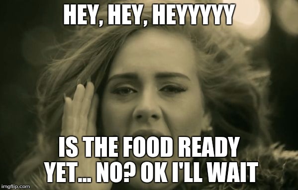 adele hello | HEY, HEY, HEYYYYY IS THE FOOD READY YET... NO? OK I'LL WAIT | image tagged in adele hello | made w/ Imgflip meme maker