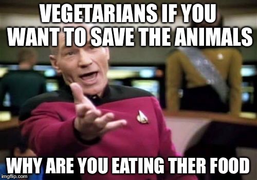 Picard Wtf Meme | VEGETARIANS IF YOU WANT TO SAVE THE ANIMALS WHY ARE YOU EATING THER FOOD | image tagged in memes,picard wtf | made w/ Imgflip meme maker