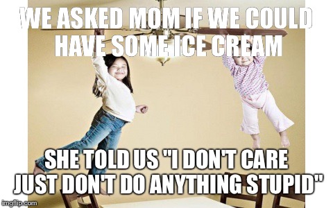 WE ASKED MOM IF WE COULD HAVE SOME ICE CREAM SHE TOLD US "I DON'T CARE JUST DON'T DO ANYTHING STUPID" | image tagged in but mom said | made w/ Imgflip meme maker