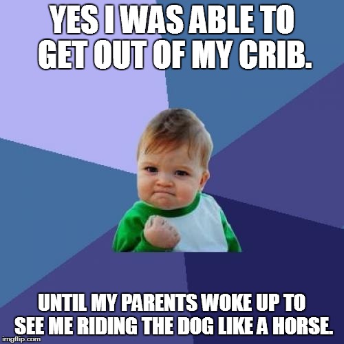 Success Kid | YES I WAS ABLE TO GET OUT OF MY CRIB. UNTIL MY PARENTS WOKE UP TO SEE ME RIDING THE DOG LIKE A HORSE. | image tagged in memes,success kid | made w/ Imgflip meme maker