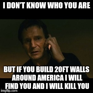 Liam Neeson Taken | I DON’T KNOW WHO YOU ARE BUT IF YOU BUILD 20FT WALLS AROUND AMERICA I WILL FIND YOU AND I WILL KILL YOU | image tagged in memes,liam neeson taken | made w/ Imgflip meme maker
