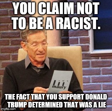 Maury Lie Detector Meme | YOU CLAIM NOT TO BE A RACIST. THE FACT THAT YOU SUPPORT DONALD TRUMP DETERMINED THAT WAS A LIE | image tagged in memes,maury lie detector | made w/ Imgflip meme maker