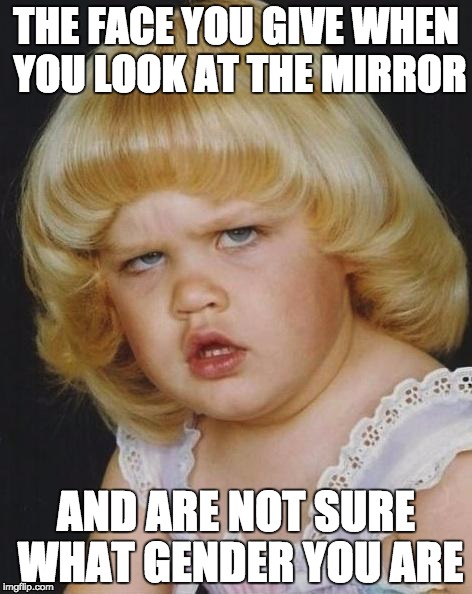 Confused Girl | THE FACE YOU GIVE WHEN YOU LOOK AT THE MIRROR AND ARE NOT SURE WHAT GENDER YOU ARE | image tagged in confused girl | made w/ Imgflip meme maker