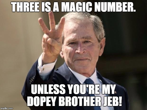Bush | THREE IS A MAGIC NUMBER. UNLESS YOU'RE MY DOPEY BROTHER JEB! | image tagged in bush | made w/ Imgflip meme maker