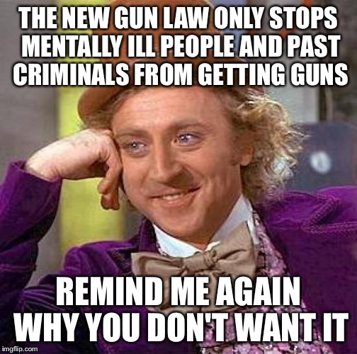Only if you had plans of using legally bought guns to kill innocent people would you care | THE NEW GUN LAW ONLY STOPS MENTALLY ILL PEOPLE AND PAST CRIMINALS FROM GETTING GUNS REMIND ME AGAIN WHY YOU DON'T WANT IT | image tagged in memes,creepy condescending wonka | made w/ Imgflip meme maker