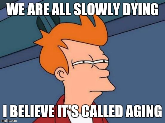 GOT THIS FROM ANT FARM | WE ARE ALL SLOWLY DYING I BELIEVE IT'S CALLED AGING | image tagged in memes,futurama fry | made w/ Imgflip meme maker