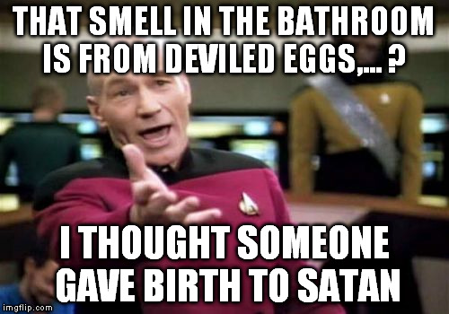 Picard Wtf Meme | THAT SMELL IN THE BATHROOM IS FROM DEVILED EGGS,... ? I THOUGHT SOMEONE GAVE BIRTH TO SATAN | image tagged in memes,picard wtf | made w/ Imgflip meme maker