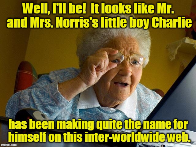 Grandma googled "walker," but she never expected this | Well, I'll be!  It looks like Mr. and Mrs. Norris's little boy Charlie has been making quite the name for himself on this inter-worldwide we | image tagged in memes,grandma finds the internet,chuck norris | made w/ Imgflip meme maker