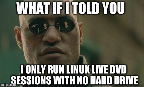 Matrix Morpheus Meme | WHAT IF I TOLD YOU I ONLY RUN LINUX LIVE DVD SESSIONS WITH NO HARD DRIVE | image tagged in memes,matrix morpheus | made w/ Imgflip meme maker