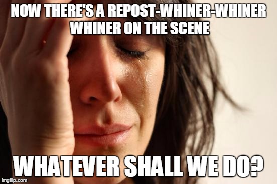 First World Problems Meme | NOW THERE'S A REPOST-WHINER-WHINER WHINER ON THE SCENE WHATEVER SHALL WE DO? | image tagged in memes,first world problems | made w/ Imgflip meme maker