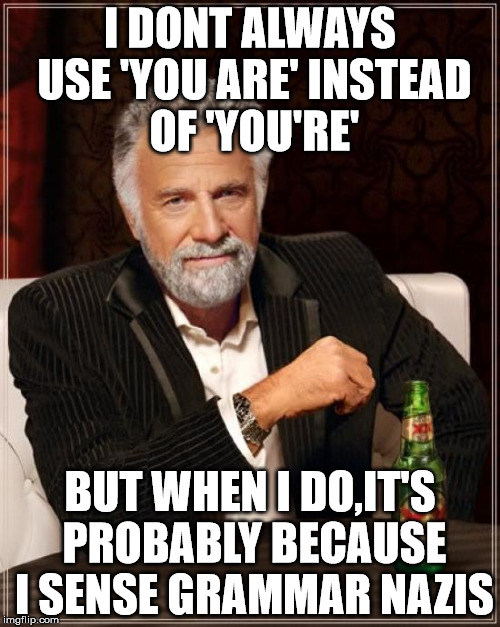 The Most Interesting Man In The World | I DONT ALWAYS USE 'YOU ARE' INSTEAD OF 'YOU'RE' BUT WHEN I DO,IT'S PROBABLY BECAUSE I SENSE GRAMMAR NAZIS | image tagged in memes,the most interesting man in the world | made w/ Imgflip meme maker