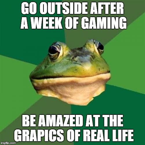 Foul Bachelor Frog | GO OUTSIDE AFTER A WEEK OF GAMING BE AMAZED AT THE GRAPICS OF REAL LIFE | image tagged in memes,foul bachelor frog | made w/ Imgflip meme maker