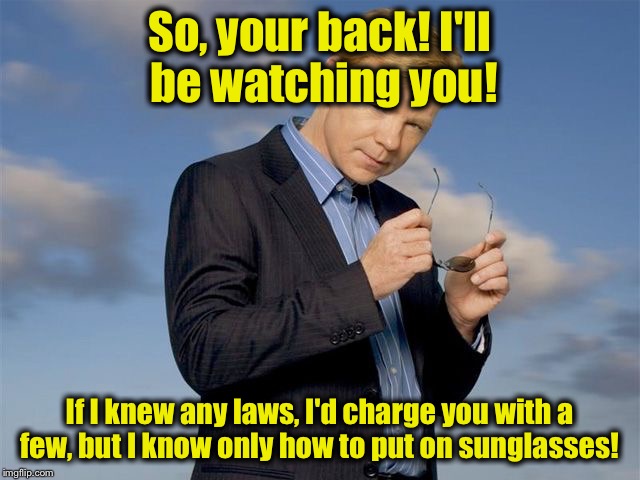 CSI Miami | So, your back! I'll be watching you! If I knew any laws, I'd charge you with a few, but I know only how to put on sunglasses! | image tagged in csi miami | made w/ Imgflip meme maker