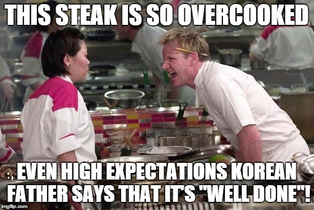 Gordon Ramsey Meme Rant | THIS STEAK IS SO OVERCOOKED EVEN HIGH EXPECTATIONS KOREAN FATHER SAYS THAT IT'S "WELL DONE"! | image tagged in gordon ramsey | made w/ Imgflip meme maker