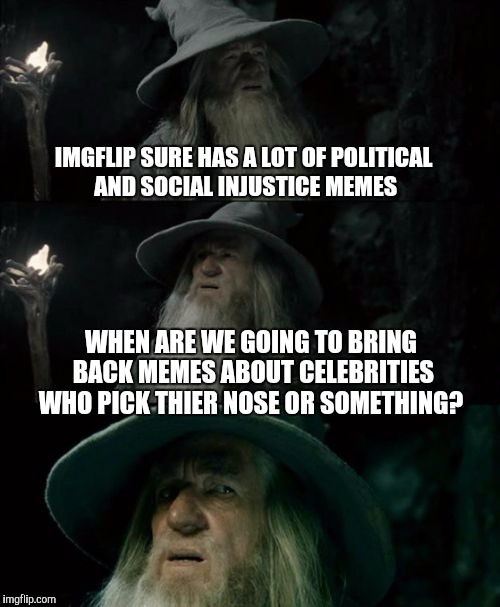 Or maybe some cute awkward animal memes? | IMGFLIP SURE HAS A LOT OF POLITICAL AND SOCIAL INJUSTICE MEMES WHEN ARE WE GOING TO BRING BACK MEMES ABOUT CELEBRITIES WHO PICK THIER NOSE O | image tagged in memes,confused gandalf | made w/ Imgflip meme maker