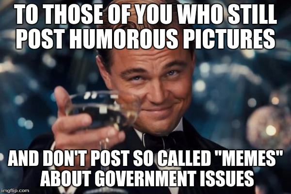 Leonardo Dicaprio Cheers Meme | TO THOSE OF YOU WHO STILL POST HUMOROUS PICTURES AND DON'T POST SO CALLED "MEMES" ABOUT GOVERNMENT ISSUES | image tagged in memes,leonardo dicaprio cheers | made w/ Imgflip meme maker