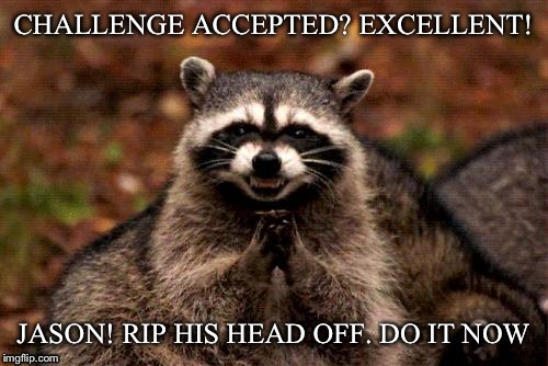 Evil Plotting Raccoon | CHALLENGE ACCEPTED? EXCELLENT! JASON! RIP HIS HEAD OFF. DO IT NOW | image tagged in memes,evil plotting raccoon | made w/ Imgflip meme maker