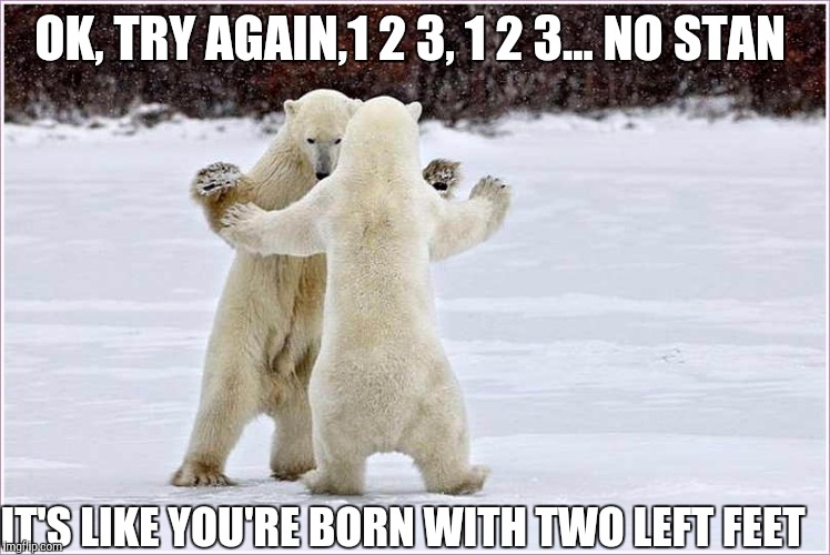 Dancing with the bears | OK, TRY AGAIN,1 2 3, 1 2 3... NO STAN IT'S LIKE YOU'RE BORN WITH TWO LEFT FEET | image tagged in memes | made w/ Imgflip meme maker