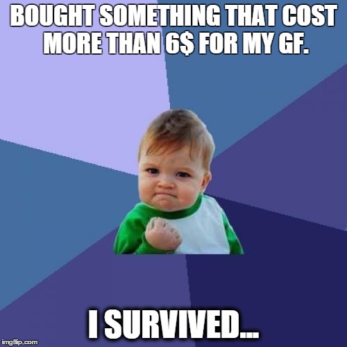 Success Kid | BOUGHT SOMETHING THAT COST MORE THAN 6$ FOR MY GF. I SURVIVED... | image tagged in memes,success kid | made w/ Imgflip meme maker