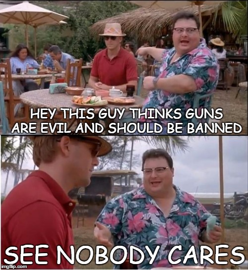 How many times do you have to repeat this before an anti gun guy finally understands? | HEY THIS GUY THINKS GUNS ARE EVIL AND SHOULD BE BANNED SEE NOBODY CARES | image tagged in memes,see nobody cares,gun control | made w/ Imgflip meme maker