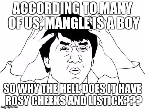 Mangle a Boy...WHAT | ACCORDING TO MANY OF US, MANGLE IS A BOY SO WHY THE HELL DOES IT HAVE ROSY CHEEKS AND LISTICK??? | image tagged in memes,jackie chan wtf | made w/ Imgflip meme maker