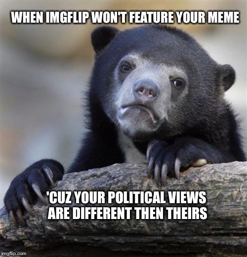 sad bear | WHEN IMGFLIP WON'T FEATURE YOUR MEME 'CUZ YOUR POLITICAL VIEWS ARE DIFFERENT THEN THEIRS | image tagged in sad bear | made w/ Imgflip meme maker