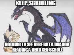 keep scrolling | KEEP SCROLLING NOTHING TO SEE HERE BUT A DRAGON READING A DEAD SEA SCROLL | image tagged in starflight's logic,memes,dragon,starflight,starflight the nightwing,wof | made w/ Imgflip meme maker