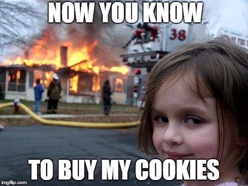 Disaster Girl | NOW YOU KNOW TO BUY MY COOKIES | image tagged in memes,disaster girl | made w/ Imgflip meme maker