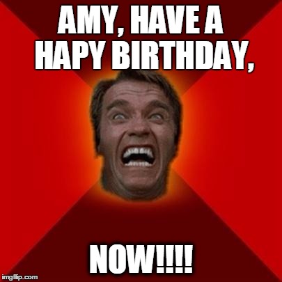 Arnold meme | AMY, HAVE A HAPY BIRTHDAY, NOW!!!! | image tagged in arnold meme | made w/ Imgflip meme maker