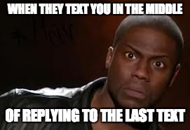 Kevin Hart Meme | WHEN THEY TEXT YOU IN THE MIDDLE OF REPLYING TO THE LAST TEXT | image tagged in memes,kevin hart the hell | made w/ Imgflip meme maker