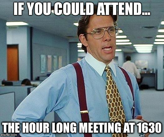 Boss | IF YOU COULD ATTEND... THE HOUR LONG MEETING AT 1630 | image tagged in boss | made w/ Imgflip meme maker
