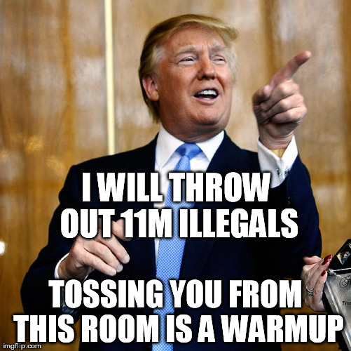 Donald Trump | I WILL THROW OUT 11M ILLEGALS TOSSING YOU FROM THIS ROOM IS A WARMUP | image tagged in donald trump | made w/ Imgflip meme maker