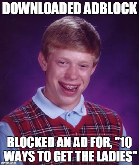 Bad Luck Brian | DOWNLOADED ADBLOCK BLOCKED AN AD FOR, "10 WAYS TO GET THE LADIES" | image tagged in memes,bad luck brian | made w/ Imgflip meme maker