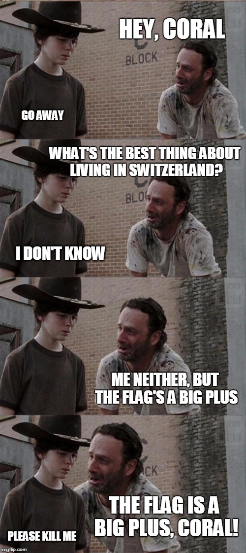 Rick and Carl Long Meme | HEY, CORAL GO AWAY WHAT'S THE BEST THING ABOUT LIVING IN SWITZERLAND? I DON'T KNOW ME NEITHER, BUT THE FLAG'S A BIG PLUS THE FLAG IS A BIG P | image tagged in memes,rick and carl long,switzerland,big plus,flag,chov | made w/ Imgflip meme maker