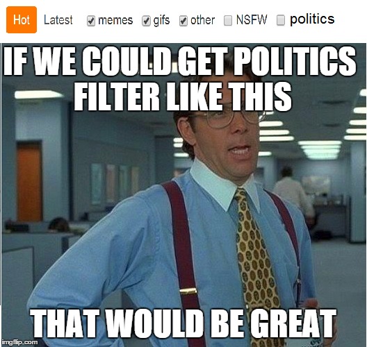 more funny less politics please  | IF WE COULD GET POLITICS FILTER LIKE THIS THAT WOULD BE GREAT | image tagged in memes,that would be great | made w/ Imgflip meme maker